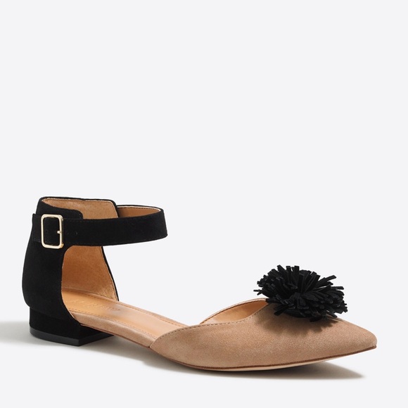 J. Crew Sz 8 Elegant Black and Tan Pom Poms  Ankle Strap Flats Shoes - Picture 1 of 8